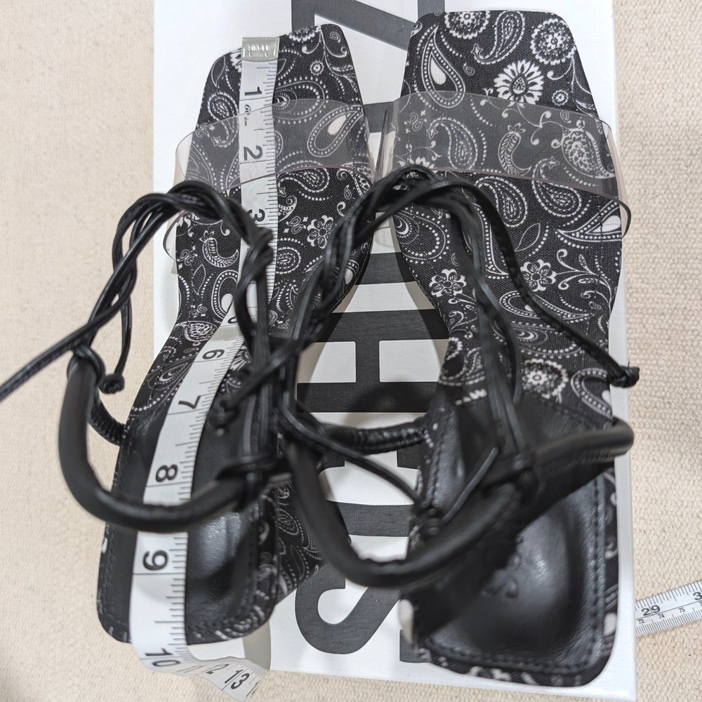 Schutz Black White Paisley Fabric Clear Strap Ankle Tie Block Heel Sandals 7.5B - Picture 9 of 11
